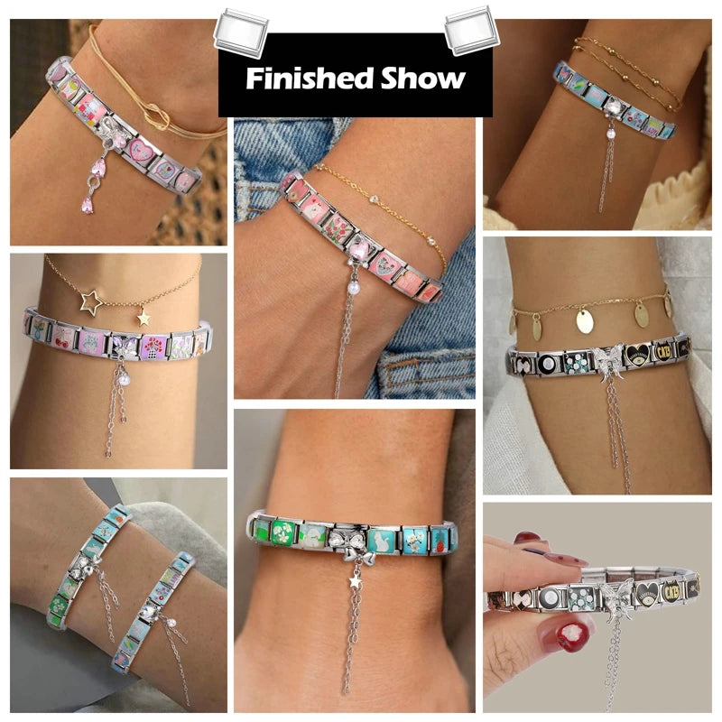 Zircon Moon Cherry Bow Knot Butterfly Heart Star Italian Charm Links Fit 9mm Bracelet Stainless Steel DIY Jewelry Making Gifts