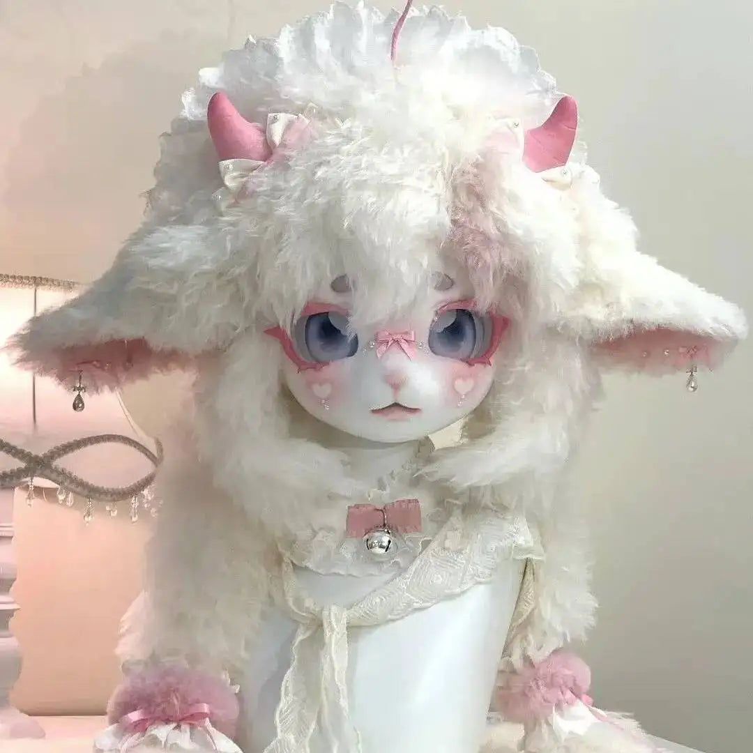 Handmade Kig Fursuit Head, Cute Sheep Lamb Kemono Mask, Anime Cosplay Full Head, Pink White Lolita Furry Costume for Furry Fans