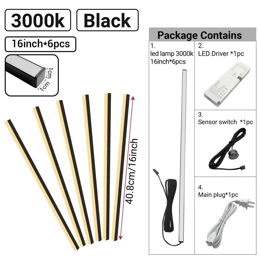 6pcs 16Inch DC12V Black 3000K Warm White LED Wall Panel Lights, SelfAdhesive Dimmable Touch Switch Slat Wall Lights Strip for Wo