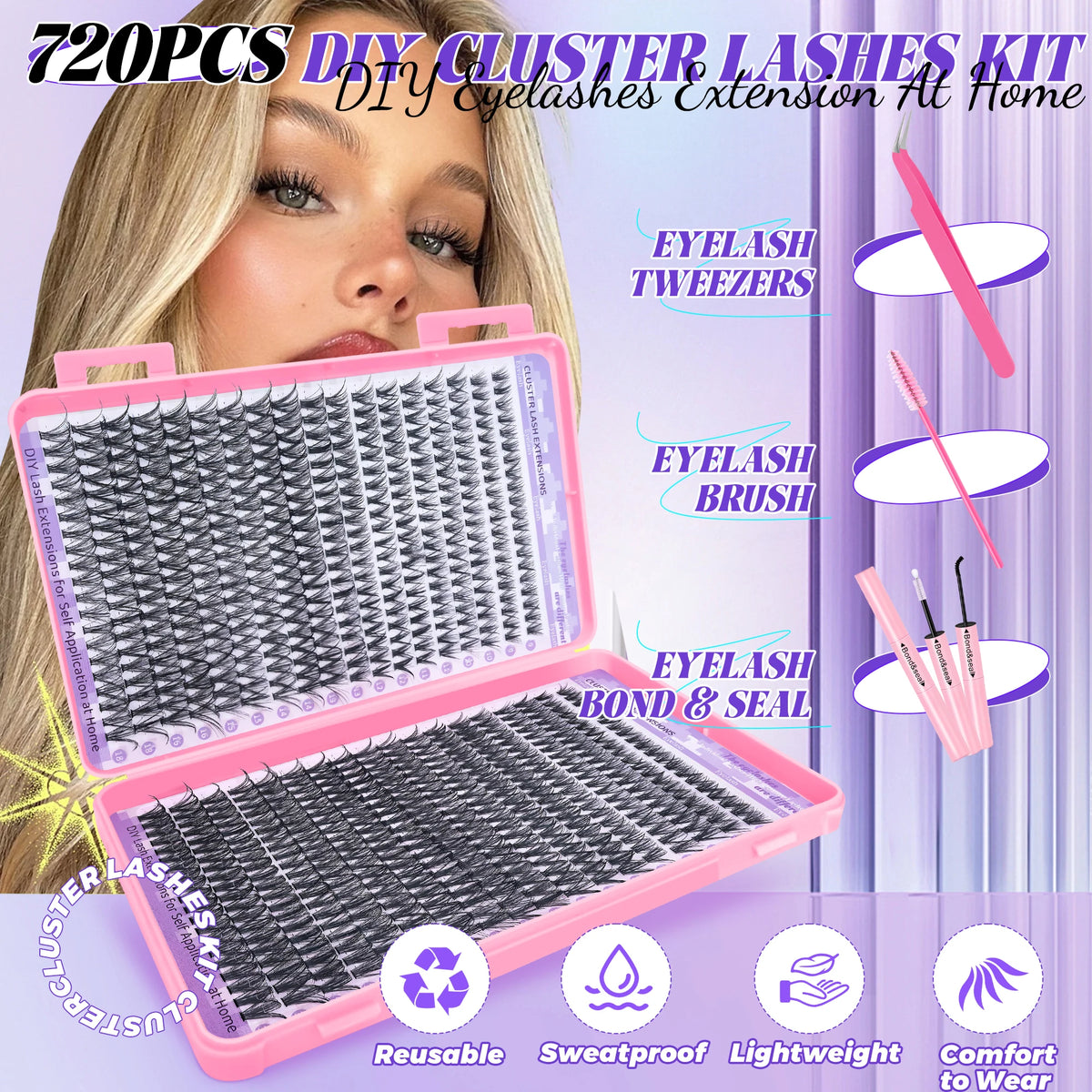 720/200pcs eyelash Extension Kit Fluffy Eyelash Extension kit with Lash Bond and Seal Lash Tweezers Thick Lash Clusters Wispy