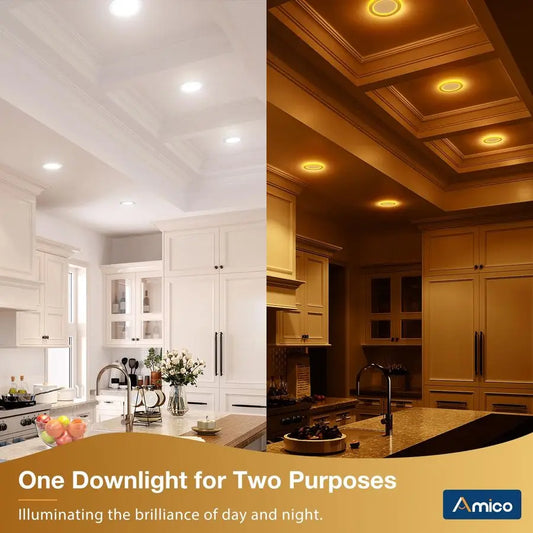 12 Pack 6 Inch 5CCT LED Recessed Ceiling Light with Double Ring Night Light, 27005000K Selectable UltraThin Recessed Lighting, 1