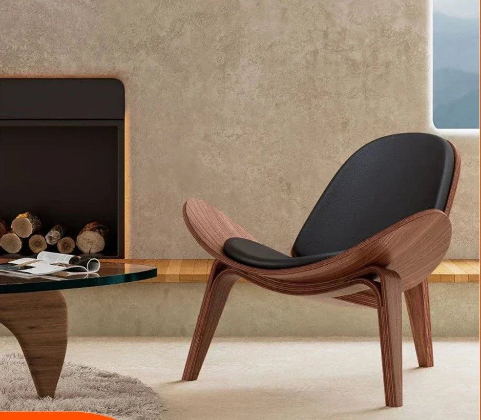 Shell Lounge Chair Tripod Wood with Black PU Leather Chairs