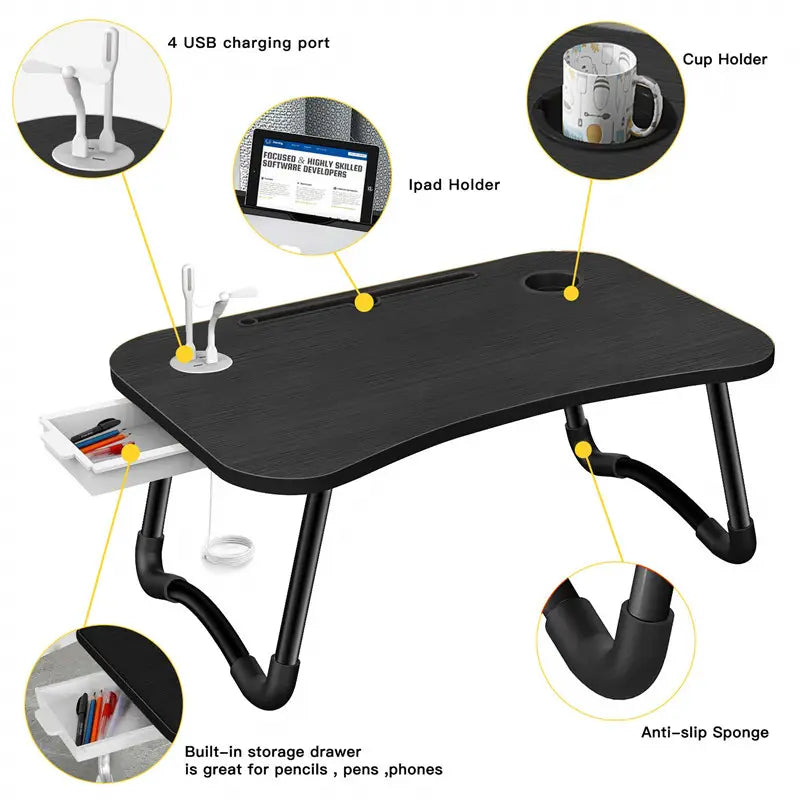 NNEDSZ NNECN Laptop Desk Bed Table Tray Folding Breakfast Table Portable Lap Standing Desk Notebook Stand Reading Holder for Bed/Sofa Large Lap Desk with USB-Charger and Cup-Holder
