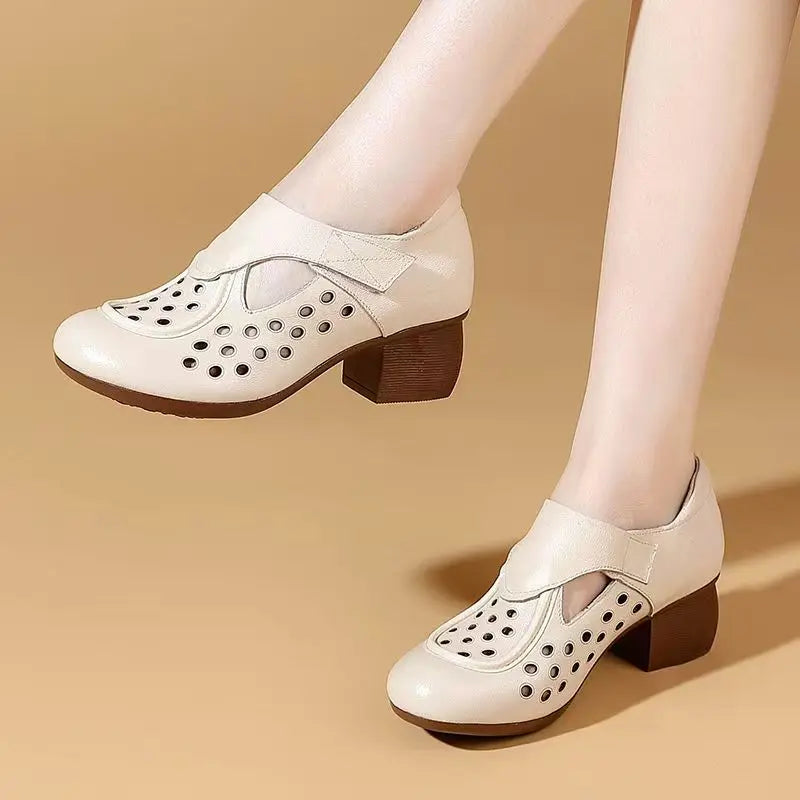 Women's Summer New Leather Hollow Out Cave Sandals Block Sole Non Slip Round Toe Breathable High Quality Low Top Velcro Sandals