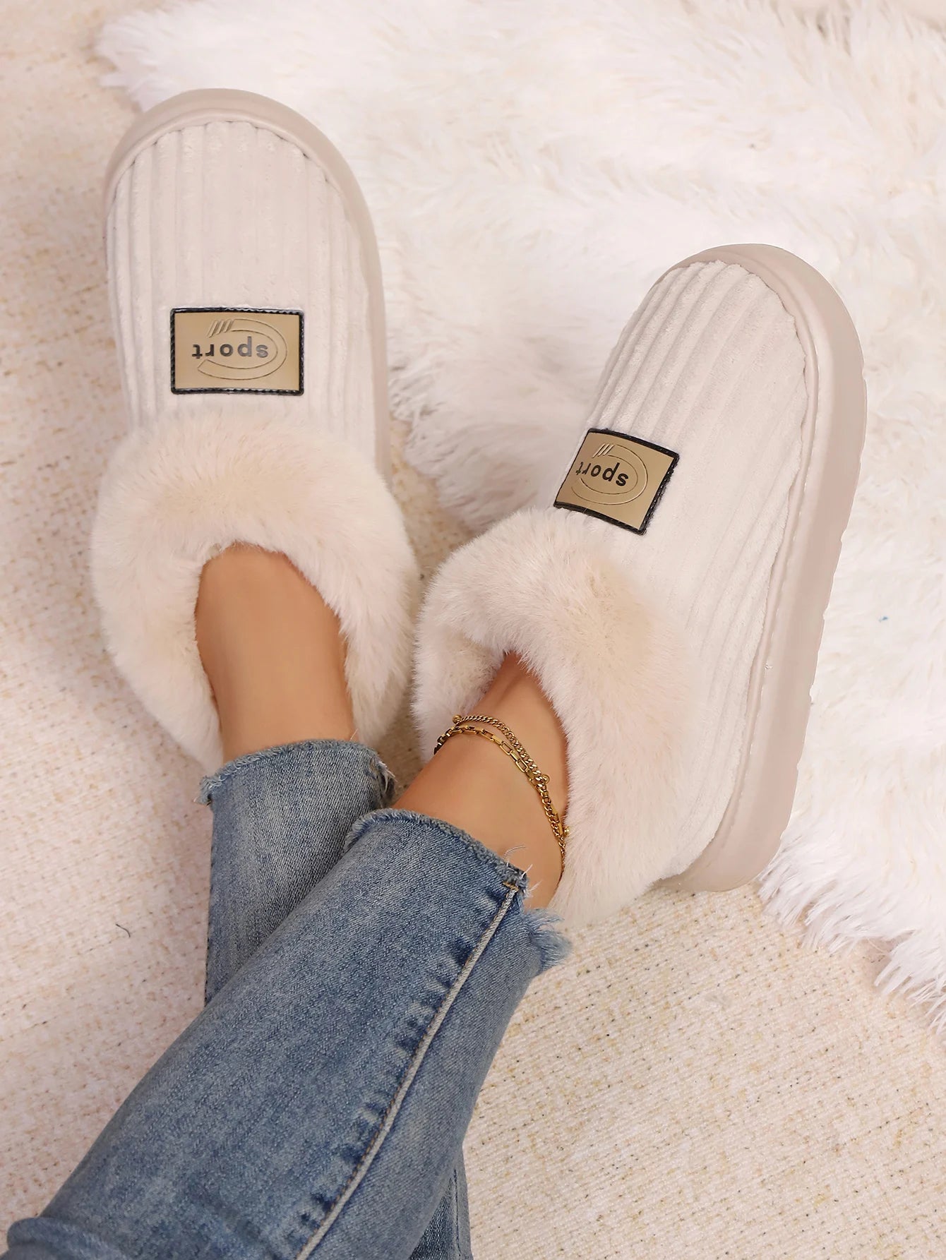 Autumn and Winter Fluffy Home Slippers, Warm Soft-Soled Ankle Shoes, Plush Indoor Comfortable High-Top Shoes, Bedroom Silent Floor Shoes