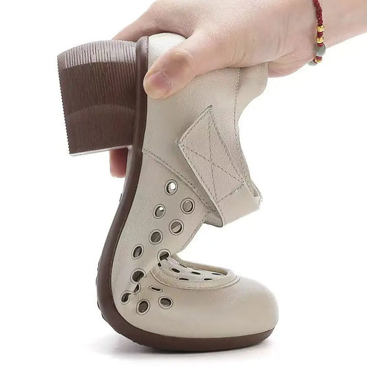 Women's Summer New Leather Hollow Out Cave Sandals Block Sole Non Slip Round Toe Breathable High Quality Low Top Velcro Sandals