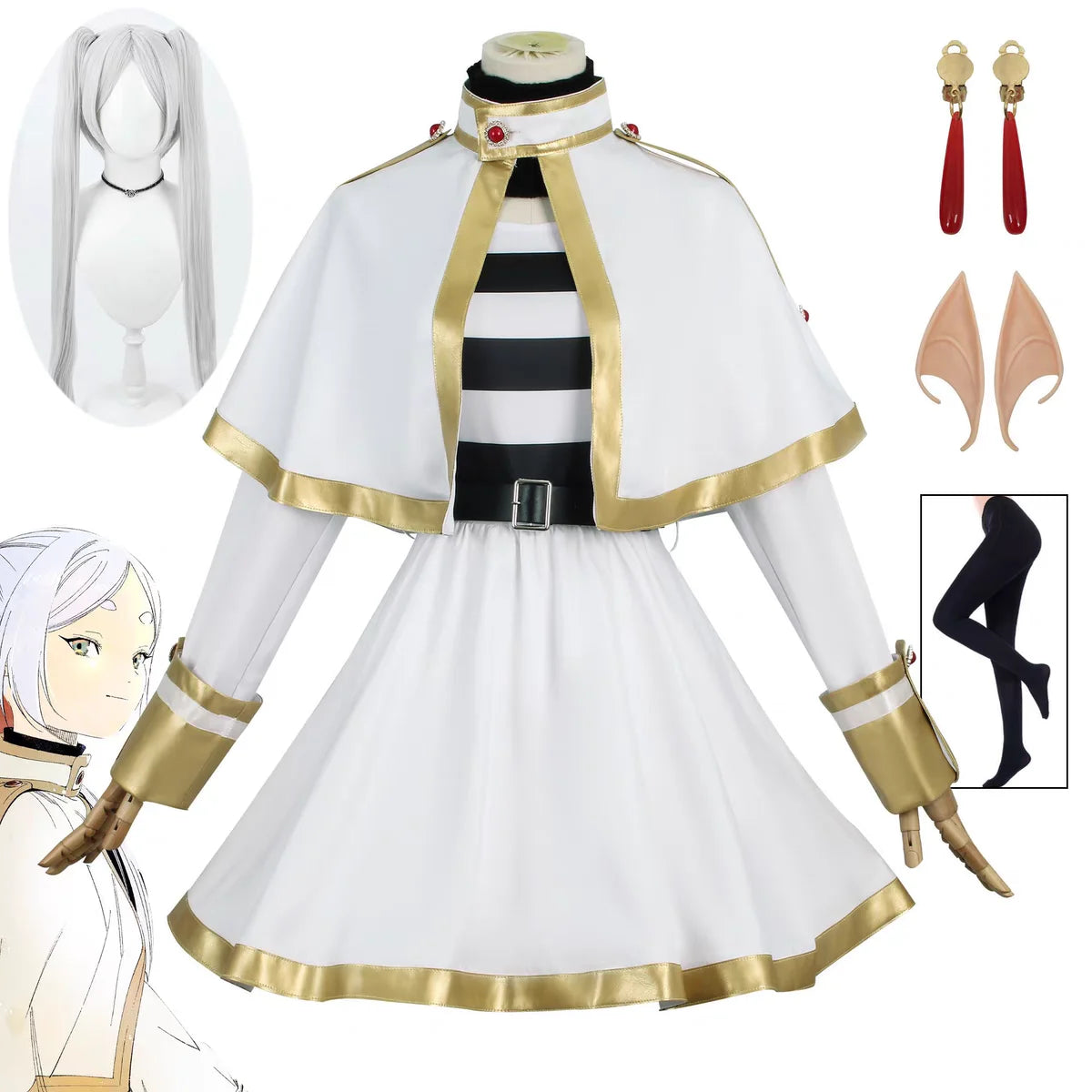 Sousou No Frieren Anime Cosplay Costume Elf Ear Wig And Shoes Set Magician Dress for Women Halloween Christmas Party