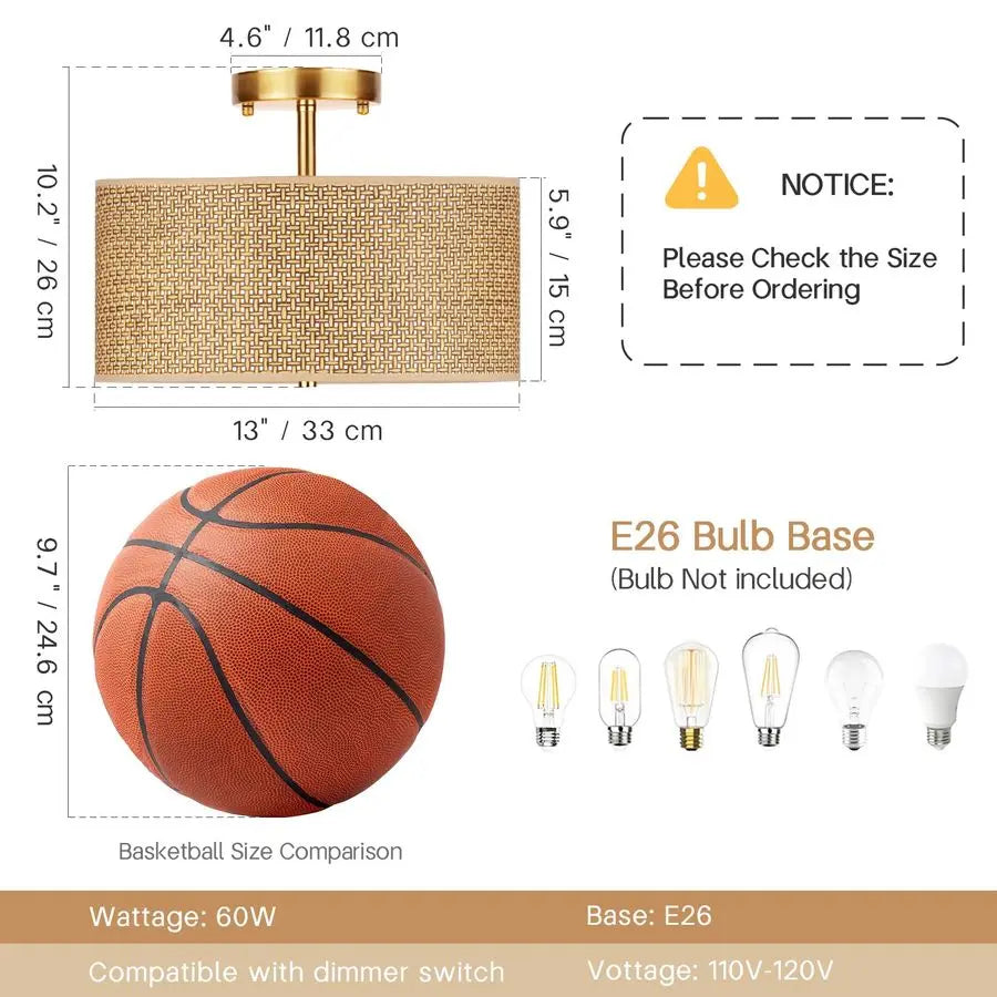 Woven Rattan Boho Ceiling Light Fixture, 3Light Modern Semi Flush Mount Lamp with Drum Fabric Shade, Rustic Brown Lighting for B