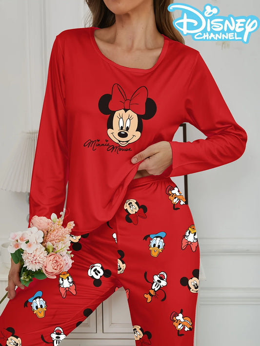 Women's pajama set with cute Disney Minnie prints, long-sleeved top and pants, comfortable for home or outdoor wear