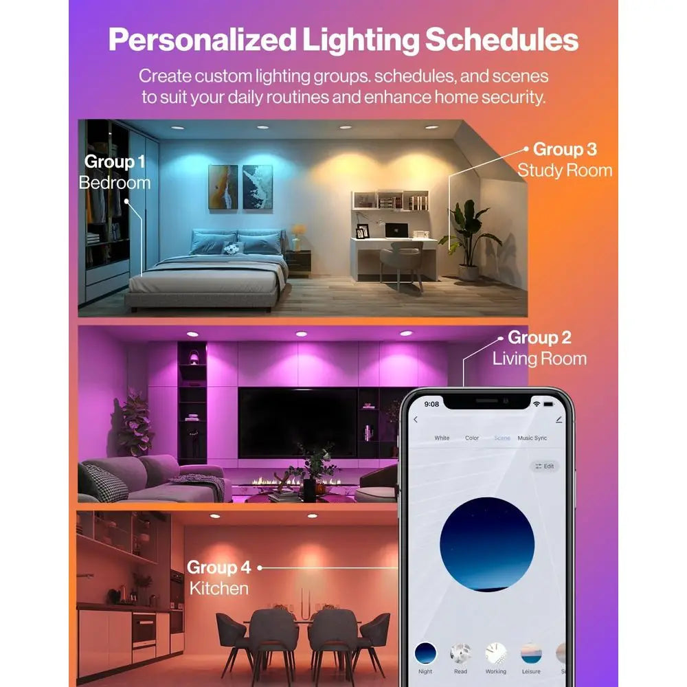 4 Pack LED Recessed 6 Inch, Smart RGBW Color Changing Can Lights, High Bright 1200 LM, 14W, Retrofit Installation, Compatible wi