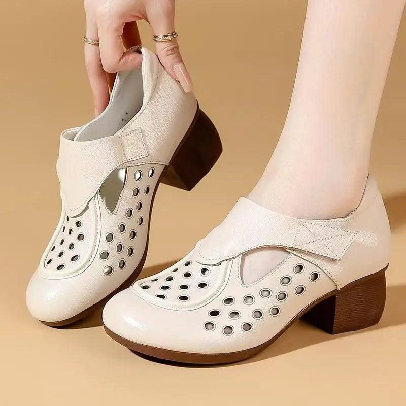 Women's Summer New Leather Hollow Out Cave Sandals Block Sole Non Slip Round Toe Breathable High Quality Low Top Velcro Sandals