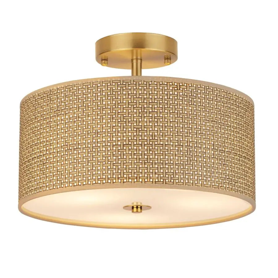 Woven Rattan Boho Ceiling Light Fixture, 3Light Modern Semi Flush Mount Lamp with Drum Fabric Shade, Rustic Brown Lighting for B