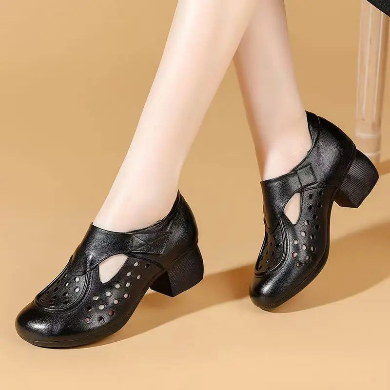 Women's Summer New Leather Hollow Out Cave Sandals Block Sole Non Slip Round Toe Breathable High Quality Low Top Velcro Sandals