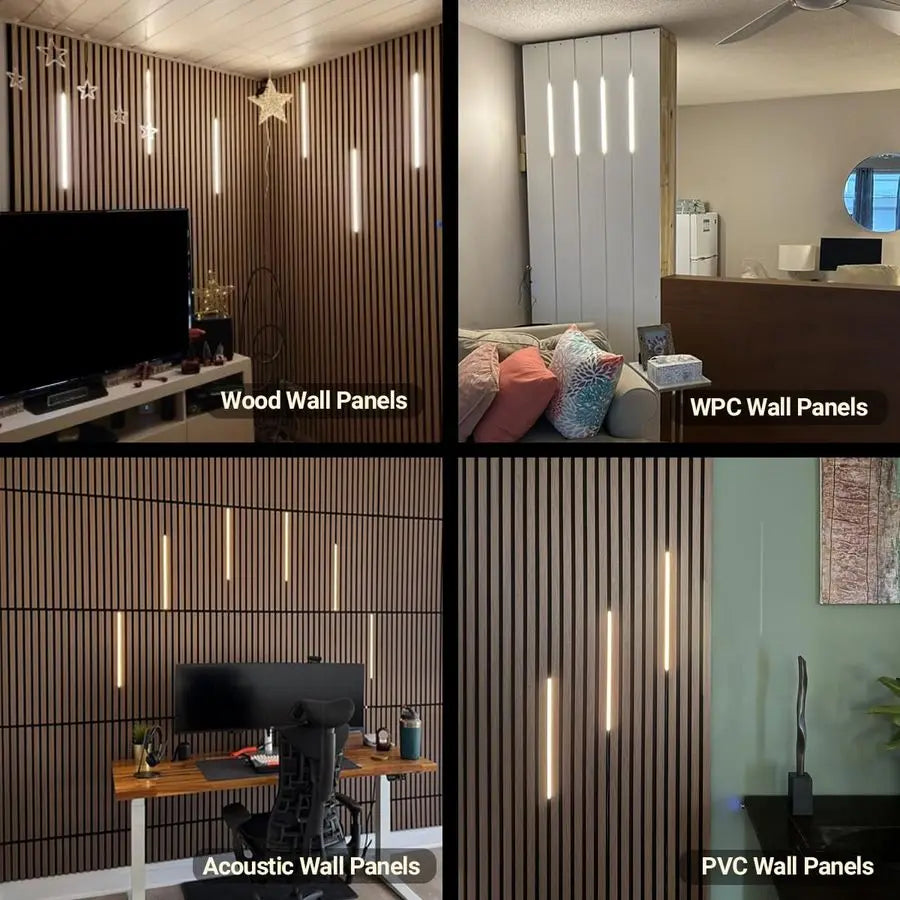 6pcs 16Inch DC12V Black 3000K Warm White LED Wall Panel Lights, SelfAdhesive Dimmable Touch Switch Slat Wall Lights Strip for Wo