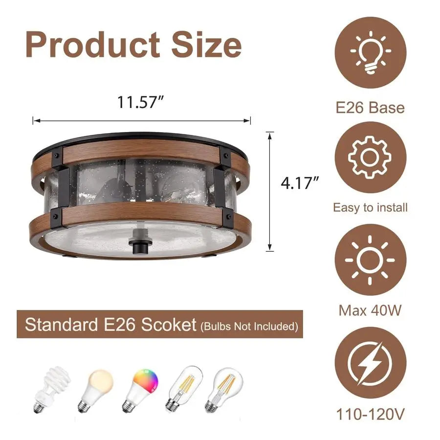 Ceiling Light Fixture 2Light Hallway Ceiling Light in Black amp Rustic Wood Grain Finish with Clear Seeded Glass Shade