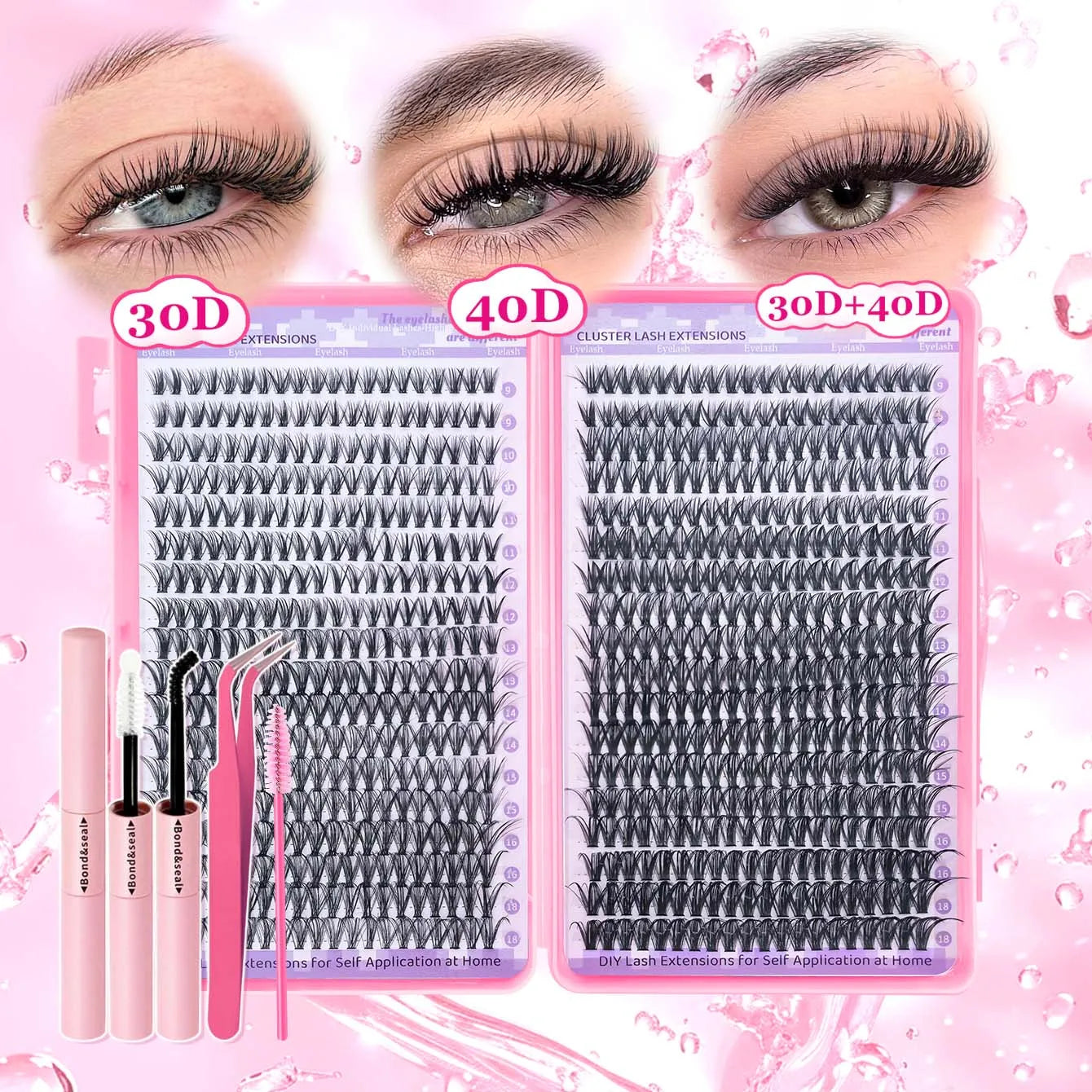 720/200pcs eyelash Extension Kit Fluffy Eyelash Extension kit with Lash Bond and Seal Lash Tweezers Thick Lash Clusters Wispy