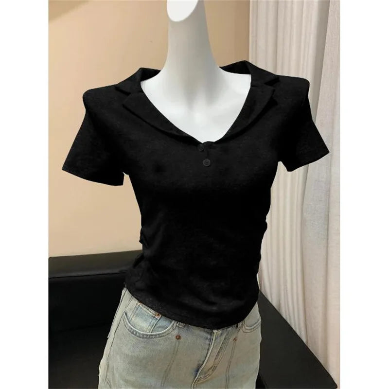 2026 New Lapel Shirt Short Sleeve T-Shirt Women's Hot Selling Summer V-Neck Bottoming Shirt Versatile Short Tops Fashion Ins