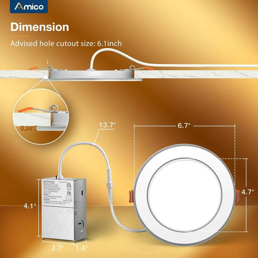 12 Pack 6 Inch 5CCT LED Recessed Ceiling Light with Double Ring Night Light, 27005000K Selectable UltraThin Recessed Lighting, 1